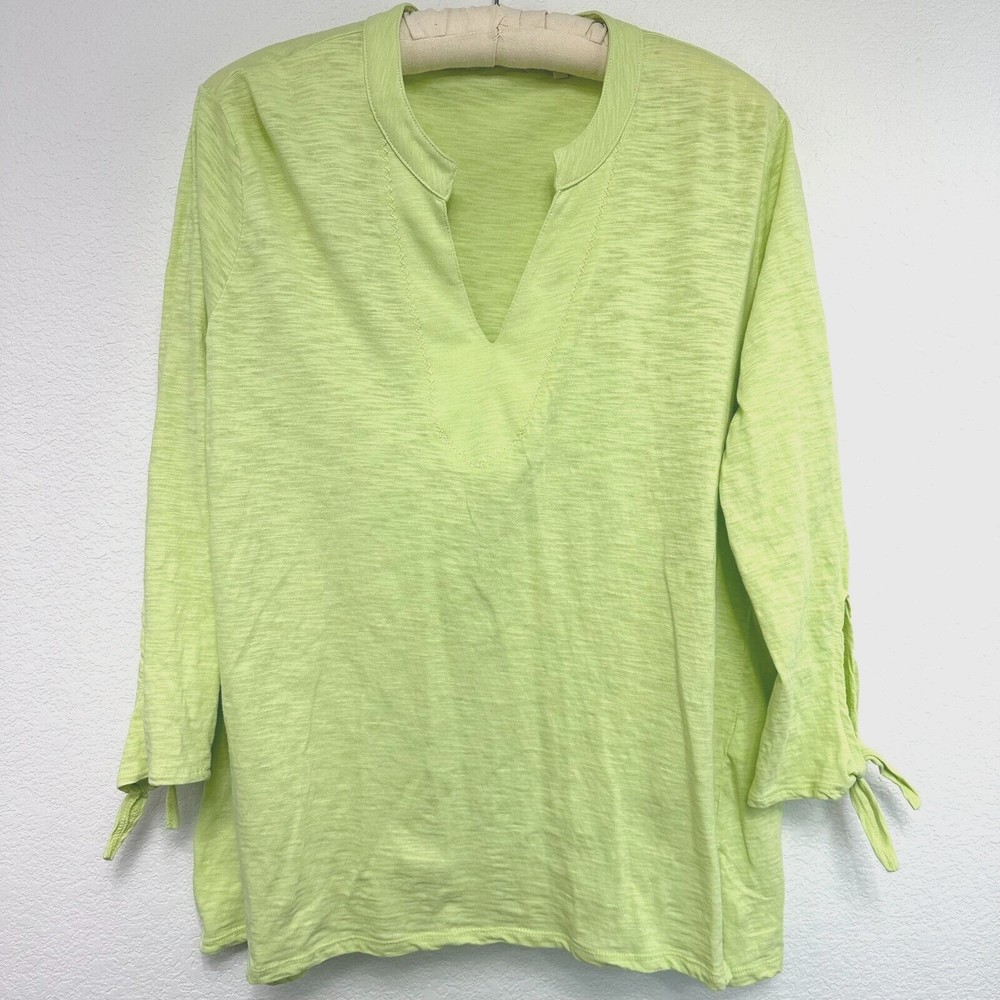 Soft Surroundings Tunic Blouse Womens XL V-Neck 3/4 Tie Sleeves Lime Green